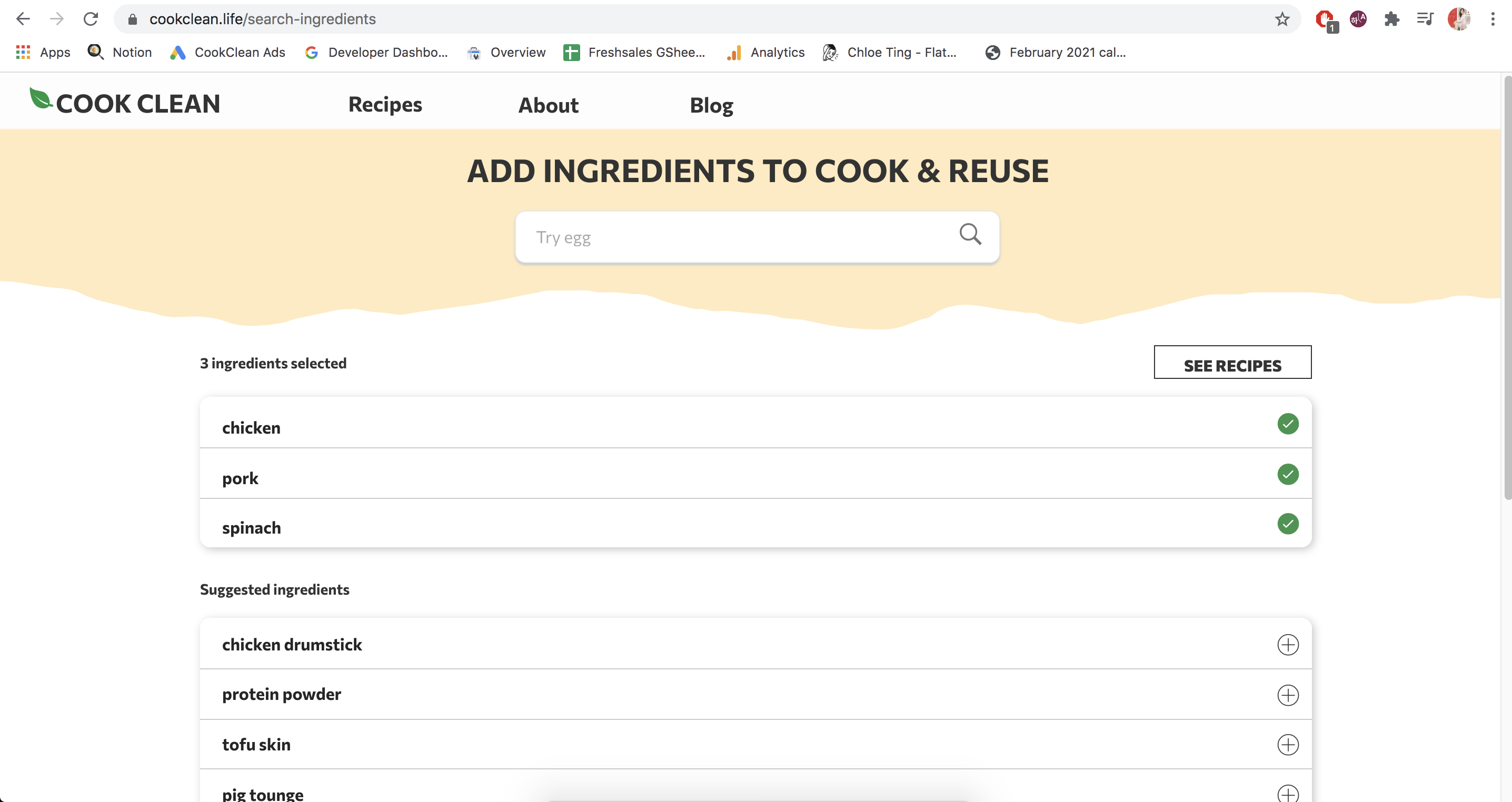 Ingredients page: Choose ingredients you want to reuse